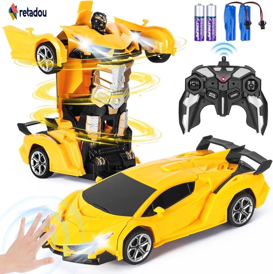 Retadou - Op afstand bestuurde auto-transformator, speelgoed met gebarendetectie, licht en muziek, auto-robot, speelgoed vanaf 3, 4, 5, 6, 7, 8 jaar, cadeau, 2,4 GHz, 360 graden rotatie, 1:18, RC