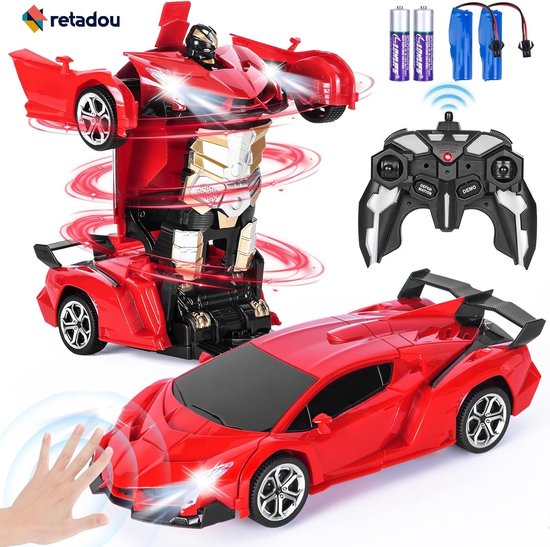 Retadou - Op afstand bestuurbare auto, converteerbare robotauto met gebarendetectie, licht en muziek, auto robot speelgoed vanaf 3 4 5 6 7 8 jaar 2,4 GHz 360° rotatie 1:18 RC auto robot kinderen
