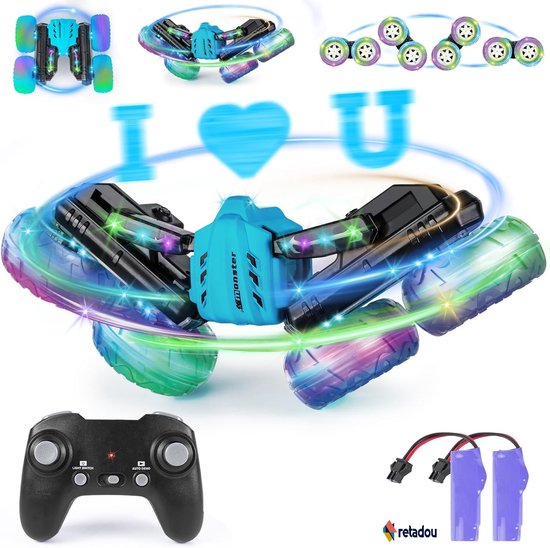 Retadou - Op afstand bestuurde auto, dubbelzijdig 360° flip-led, knipperend, RC-autospeelgoed vanaf 3, 4, 5, 6, 7, 8, 9 jaar, jongens, cadeau voor kinderen, 2,4 GHz, 4 WD, stunt, RC Car met