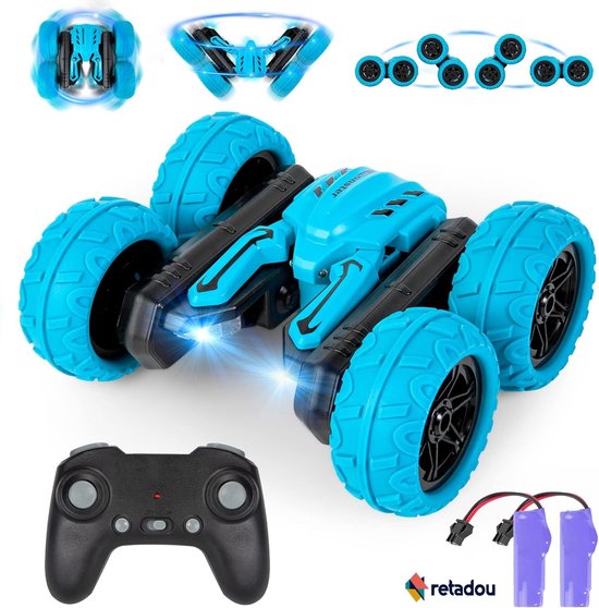 Retadou - Op afstand bestuurde auto voor kinderen, 4WD 360° flip, dubbelzijdig RC autospeelgoed vanaf 3, 4, 5, 6, 7, 8, 9, 10 jaar, jongens, cadeau, 2,4 GHz RC stuntauto met 2 accu's, muzieklicht,
