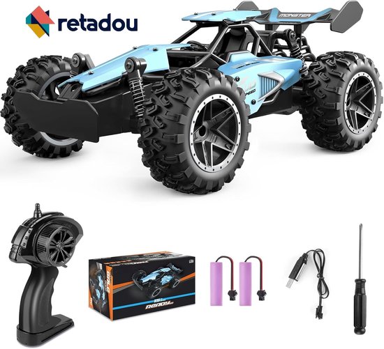 Retadou - Op afstand bestuurde auto, 2,4 GHz, 1:18, proportioneel, 2WD 20+ km/u, hobby, offroad, monster, RC truck, waterdicht, Truggy RTR terrein, speelgoed, blauw