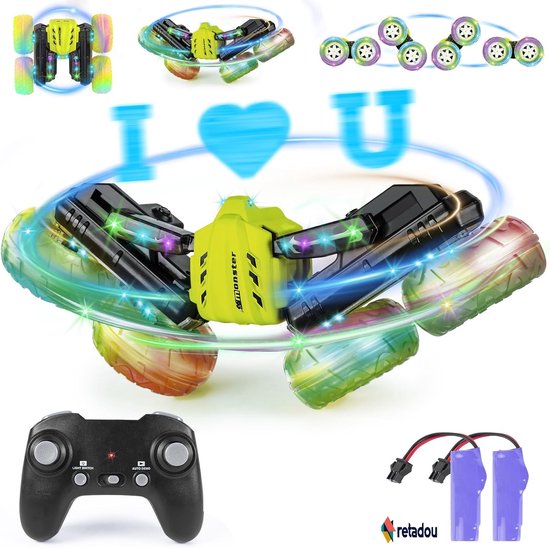 Retadou - Op afstand bestuurde auto voor kinderen, 4WD 360° flip, dubbelzijdige RC stuntauto, speelgoed vanaf 3, 4, 5, 6, 7, 8, 9, 10 jaar, jongens en meisjes, cadeau, 2,4 GHz, offroad, RC-auto met 2