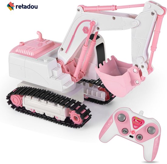 Retadou - Op afstand bestuurde graafmachine voor meisjes, 6-kanaals RC graafmachine voor kinderen, graafmachine, tractor, speelgoed vanaf 3, 4, 5, 6, 7, 8 jaar, meisjes, cadeau, 2,4 GHz, 1:24