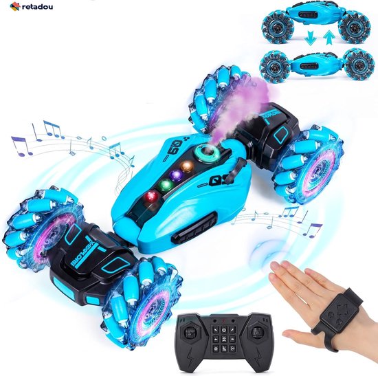 Retadou - Op afstand bestuurde auto voor kinderen, 4WD handgestuurde twist-auto met sproeien, muziek en verlichting, 2,4 GHz, 360° rotatie, stuntdrift, RC autospeelgoed vanaf 6, 7, 8, 9, 10 jaar,