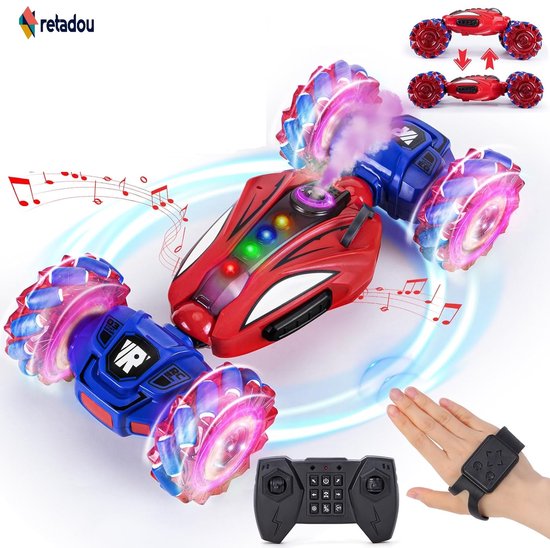 Retadou - Op afstand bestuurde auto, 4 x 4 Spider, handgestuurde stuntauto met sproeien, muziek en licht, 2,4 GHz, 360° rotatie, drift RC-autospeelgoed vanaf 6, 7, 8, 9, 10 jaar, voor jongens en