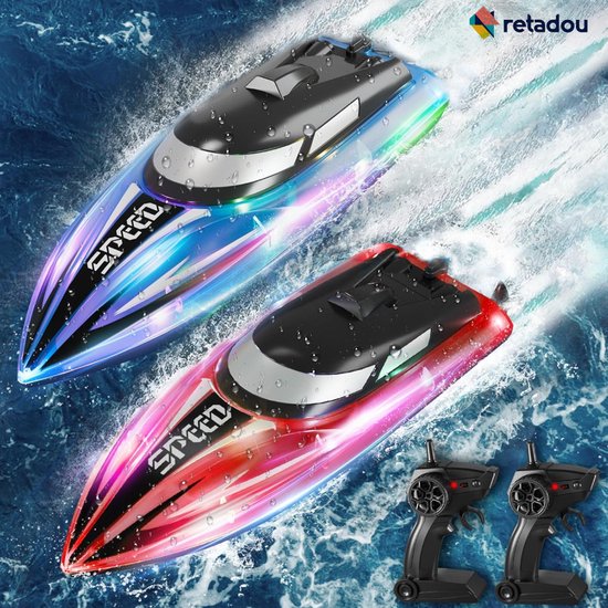 Retadou - Op afstand bestuurde boot, 2 stuks, RC boot met ledlicht voor zwembaden en meren, 2,4 GHz op afstand bestuurde boten, RC raceboot, speedboot, zwembadspeelgoed voor kinderen en volwassenen