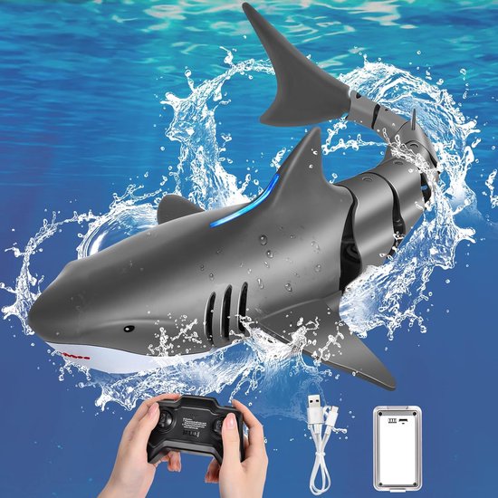 S&Dshopline® Afstandsbediening haai, 2,4 GHz afstandsbediening haaienboot met USB, waterspeelgoed voor kinderen, zwembadspeelgoed, simulatie RC haai waterspeelgoed cadeau voor jongens en meisjes vanaf 8 jaar (zwart en grijs)