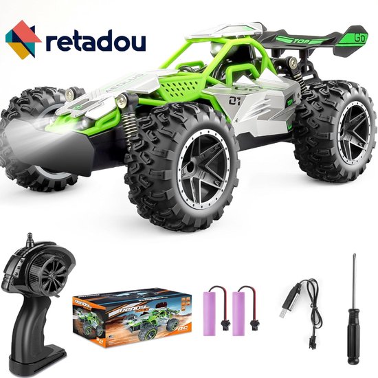 Retadou - Op afstand bestuurde auto, 2,4 GHz, 1:18, proportioneel, 2WD 20+ km/u, hobby, offroad, monster, RC truck, waterdicht, Truggy RTR, terreinspeelgoed, groen