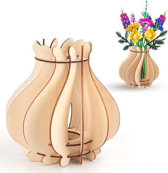 1 piece wooden vase for Lego flowers - flower bouquet stand with cherry blossoms, sunflowers, tulips, and daffodils