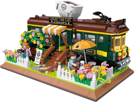 Zhe Gao - Trein Cafe Bouwset | Treinstation architecture | Classic creator modulaire city huis bloemen met 4 minifigures | niet compatibel met lego mould king sluban | Technische speelgoed voor kinderen volwassenen | 1081 bloks | Moederdag cadeau