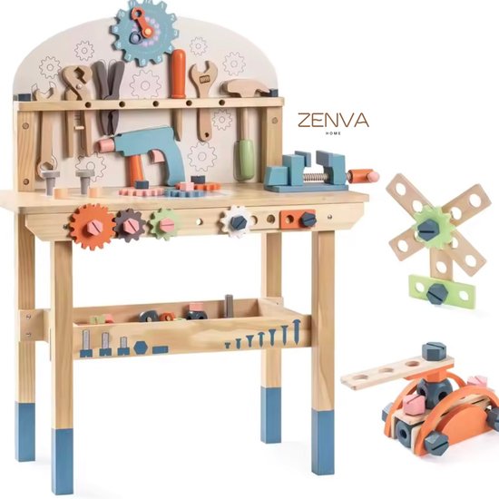 Houten Gereedschapsbank Werkbank voor Kinderen – Speelgoed Werkbank met Accessoires – Educatief Constructiespeelgoed (3-8 jaar) - Montessori - Robotime - ZENVA HOME - Cadeau - Verjaardagscadeau kind - Little dutch Lego