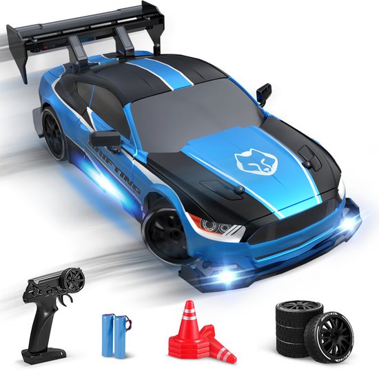 NAPI Bestuurbare Auto - RC Auto Drift King met 2 Accu’s - 15 km/h - Oplaadbare Speelgoed Auto voor Jongens & Volwassenen - 4WD RC Car voor Binnen & Buiten - Race Auto met LED Verlichting Incl. 8 Banden & Kegels - Radiografisch
