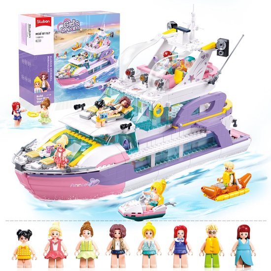 Sluban - Mega jacht cruise incl. 8 minifigures | City friends | Icons model boot | Technic creator speelgoed | Expert schip bouwpakketten voor kinderen | compatibel met lego mould king | Classic ideas modelbouw | incl. elementensplitser | 1108 bloks