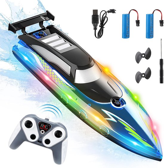 Afstandsbediening Boot 2.4GHz - High Speed Elektrische Boot met 2 Oplaadbare Batterijen - Draadloze LED Verlichting - RC Boot voor Kinderen en Volwassenen - Boten voor Buitenwater - Radiografisch Bestuurbare Speelgoedboot
