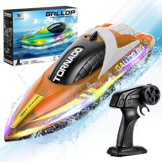 RC Boot met LED Verlichting - Snelheidsboot met Afstandsbediening - 15km/h en 2.4GHz Besturing - Capsize Herstel Functie - 2 Oplaadbare Batterijen - Oranje Kleur Speedboot Speelgoed
