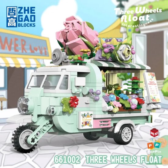 Zhe Gao Bloemen Truck | City & friends Adventure | Classic Creator STEM speelgoed knutselen meisjes bouwpakket | Kermis & Pretpark Auto Foodtruck modelbouw voor kinderen en volwassenen | 523 bouwstenen (niet compatibel met Mould King of Lego stenen)