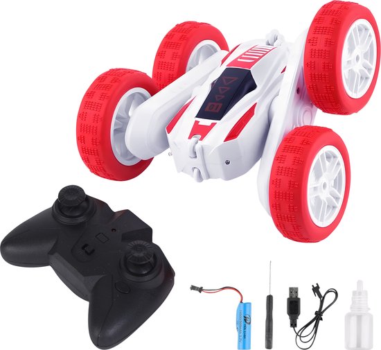 FUNFY Racing Stunt RC Toy Car met 4WD | Met 360 Graden Rotatie, Off-Road, Double Side Drive | Anti-Slip Vacuum Banden, Mist & Oplaadbare Batterij | Zwart en Rood | Voor Kinderen, Volwassenen | Verjaardagscadeau speelgoed
