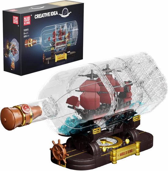 Mould King - Piratenschip in fles | Miniatuur Queen Anna's Revenge | Pirates of the Caribbean modelbouw compatible met lego sluban | Classic Creator STEM piraten boot | Speelgoed expert technisch bouwpakket kinderen en volwassenen | 885 bouwstenen