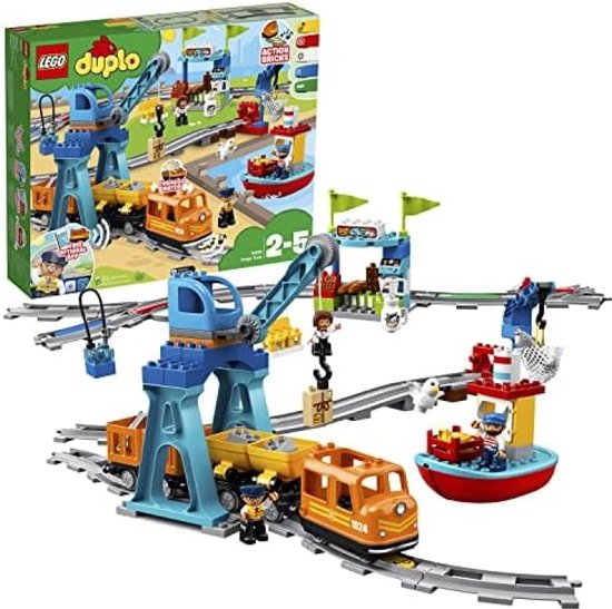 LEGO DUPLO Goederentrein, Bouwpakket voor Kinderen met Hijskraan en Speelgoed Trein met Licht & Geluid, Cadeau voor Jongen of Meisje vanaf 2 Jaar, Peuters en Kleuters 10875