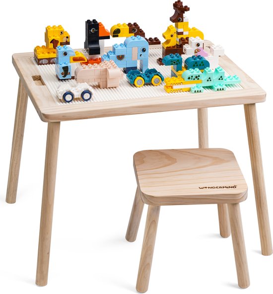 【Premium Massief Houten Bouwtafel Set + Triple Bonus】Compatibel met LEGO & DUPLO - Kindertafel + Stoeltje - Blokkentafel - Speeltafel - Knutseltafel - 1* Bouwplaat voor Grote & Kleine Bouwstenen【WonderMind WM-D001】