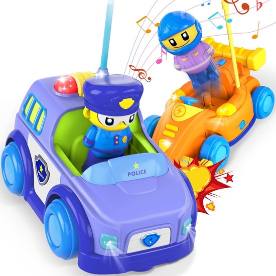 ophy - Afstandsbedieningsauto voor twee tegen elkaar - 2-delige botsauto met coole lichten en muziek - Cadeaus voor jongens en meisjes van 4, 5, 6, 7 en 8 jaar (blauw)
