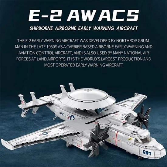 Reobrix E-2 Hawkeye Airborne Early Warning Aircraft -vliegtuig bouwpakket, compatible met Lego, Sluban en Mould King