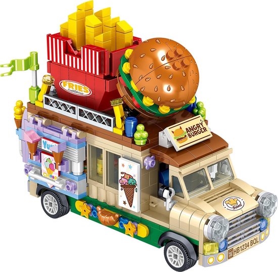 Zhe Gao Hamburgertruck | City & Friends Adventure | Retro food truck | Classic Creator STEM speelgoed bouwpakket | Kermis & Pretpark Auto Foodtruck modelbouw voor kinderen & volwassenen | 638 bouwstenen (niet compatibel met Mould King of Lego stenen)