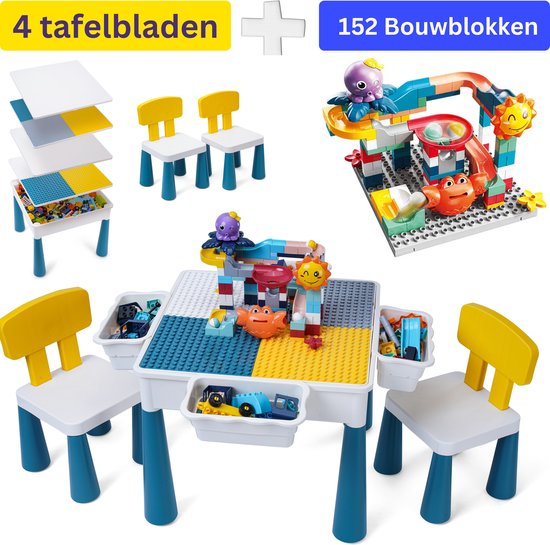 【Ultieme Bouwtafel incl. 152 Blokken】Compatibel met LEGO & DUPLO - Kindertafel met 2 Stoeltjes en 4 Bakjes - Blokkentafel - Speeltafel - Knutseltafel - Zandbak - Waterspeelbak - 2* Bouwplaat voor Grote Bouwstenen Kleine Bouwstenen【WonderMind BA-S003】