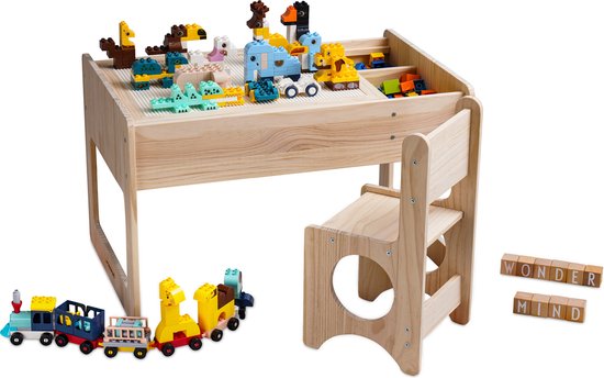 【Premium Massief Houten Bouwtafel Set + Triple Bonus】Compatibel met LEGO & DUPLO - Kindertafel + Stoeltje + Opbergruimte - Blokkentafel - Speeltafel - Knutseltafel - Zandbak - 2* Bouwplaat voor Grote & Kleine Bouwstenen【WonderMind WM-D002】