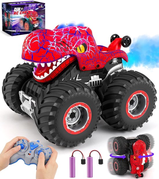 Ophy - 2 sets - RC Auto - Afstandsbediening Dinosaurus Monster Truck Speelgoed - 2.4GHz 4WD - 1-delig, All Terrain RC Auto Met Spuitnevel - 360° Roterende Stunts - Muziek En LED Verlichting - Voor Kinderen Vanaf De Leeftijd Van Drie Jaar