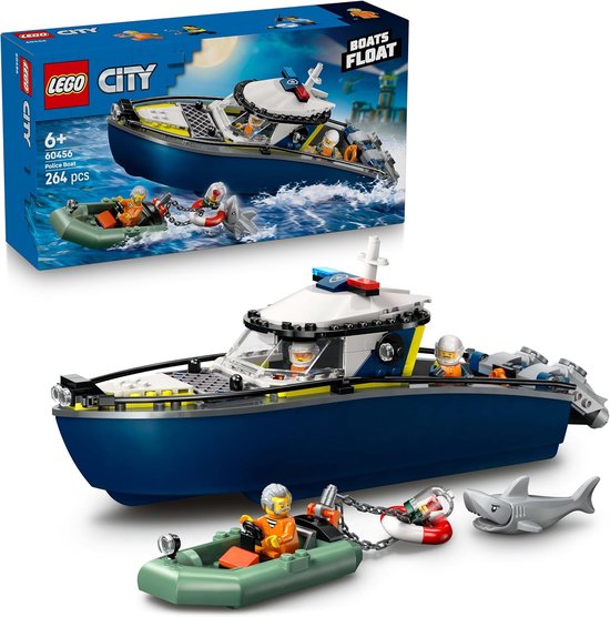 LEGO City Pursuit with Police Boat, Floating Boat Toy for Children with 2 Boats, 3 Minifigures and Shark Figure, Gift for Boys and Girls from 6 Years