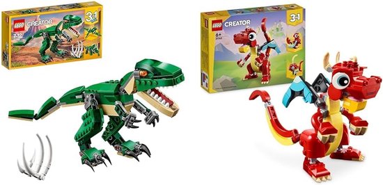 LEGO Creator 3in1 Mighty Dinosaurs, Triceratops and Pterodactylus, 31058 & LEGO Creator 3in1 Red Dragon Model, Fish and Phoenix Animals Figures, from 6 Years, Creative Hobby