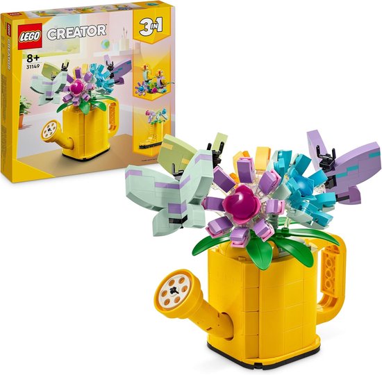 LEGO Creator 3in1 Flowers in Watering Can Model Turns Rain Boot or 2 Toys Birds on Perch, Animal Set for Kids, Creative Nature Themed Gift for Girls and Boys 8 Years