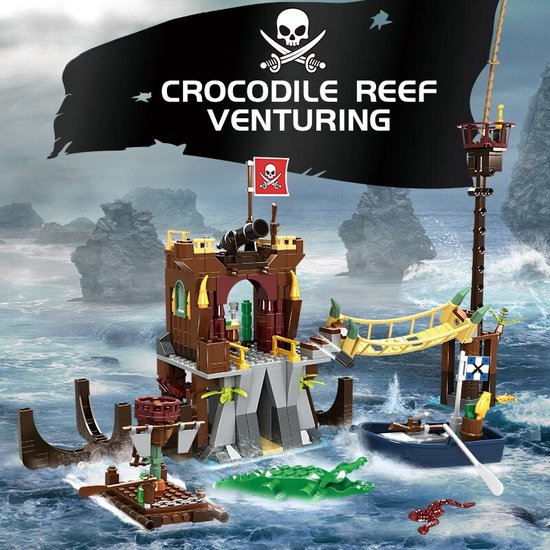 Pirate Crocodile Reef - Piraat bouwset - Piraten Bouwpakket - 3D Puzzel en Bouwblokken - Avontuurlijke Schatzoektocht - Creatief Educatief Speelgoed - Compatibel met LEGO bouwstenen - 442 Stuks