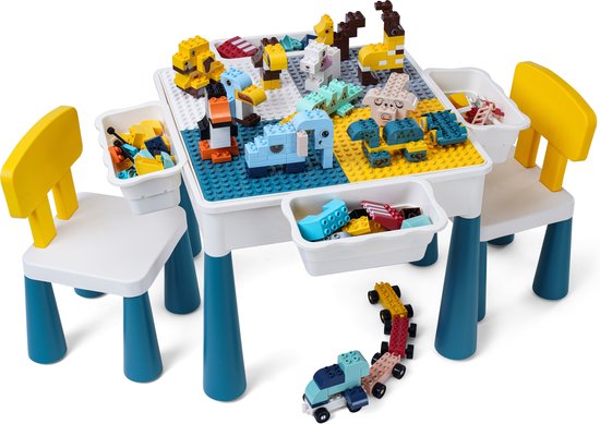 【Ultieme Bouwtafel incl. 230 Blokken】Compatibel met LEGO & DUPLO - Kindertafel met 2 Stoeltjes en 4 Bakjes - Blokkentafel - Speeltafel - Knutseltafel - Zandbak - Waterspeelbak - 2* Bouwplaat voor Grote Bouwstenen Kleine Bouwstenen【WonderMind BA-S001】