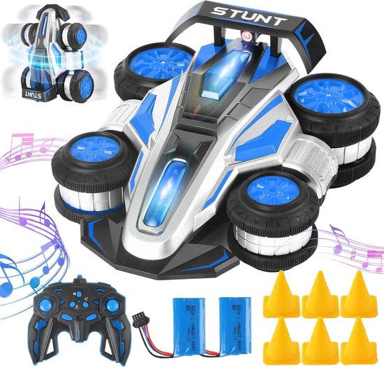 Huntex RC Stunt Auto - Transformeerbare Drift Auto 360° + Pionnen & Extra Batterijen | Snelheidsmonster voor Kinderen 8-16 Jaar - Blauw