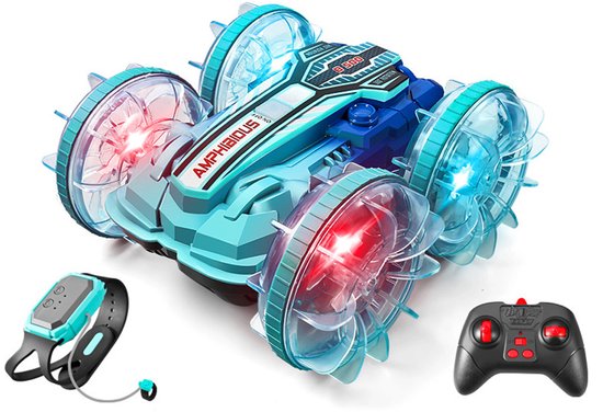 Amfibievoertuig op afstand bestuurbare auto - Waterdichte stunt RC-auto met handbediening en LED-verlichting - Speelgoedcadeau voor kinderen van 3-12 jaar, jongens en meisjes
