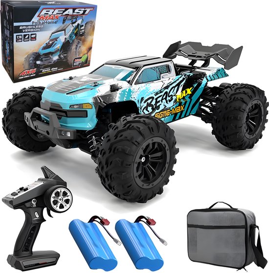 PolkaHome® Razendsnelle RC Auto 1:16 4WD – 80 km/u – Borstelloze Motor – Waterdicht – Met Draagtas & 2× 7.4V 1300mAh Li-Po Batterijen – Offroad Drift Auto met LED Lichten – Voor Volwassenen