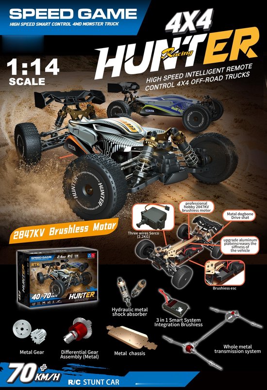 HUNTER Racing RC Auto 1:14 - 4x4 Offroad Monster Truck - 70 km/u - Brushless Motor - RTR Ready to Run - 2.4GHz - Metalen Chassis & Schokdempers - Hoge Snelheid Afstandsbediening Auto - Voor 14+