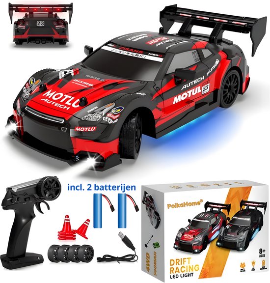 PolkaHome® Zeer snelle RC Drift Auto met 2 Accu’s & LED – Bestuurbare Raceauto – 4WD Drift Car met Wisselbanden – Speelgoed voor Jongens & Volwassenen