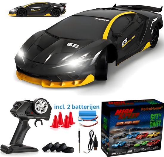 PolkaHome® RC Drift Auto met 2 Accu’s & LED – Bestuurbare Raceauto – 4WD Drift Car met Wisselbanden – Speelgoed voor Jongens & Volwassenen