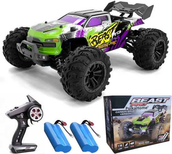 PolkaHome® RC Auto 1:16 4WD – 50 km/u – Waterdichte Offroad Truggy – LED Lichten – 2× 7.4 V 1300 mAh Li-ion Batterijen – 2.4 GHz Afstandsbediening – Ready-to-Run RC Auto voor Jongeren en Volwassenen - Bestuurbare Raceauto