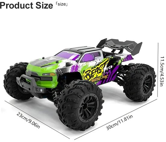 PolkaHome® RC Auto 1:16 4WD – 50 km/u – Waterdichte Offroad Truggy – LED Lichten – 2× 7.4 V 1300 mAh Li-ion Batterijen – 2.4 GHz Afstandsbediening – Ready-to-Run RC Auto voor Jongeren en Volwassenen - Bestuurbare Raceauto