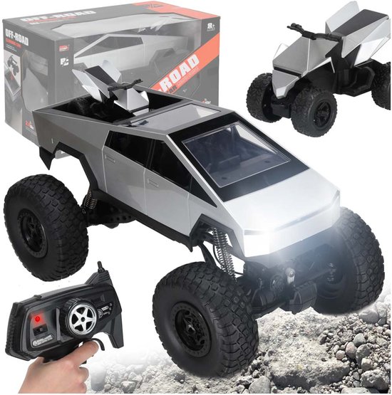 RC 1:8 Cyber Pickup Truck – 2.4GHz Afstandsbediende Off-Road Auto met 4WD, Lichteffecten & Extra Mini Auto – 45 cm, Zwart/Zilver