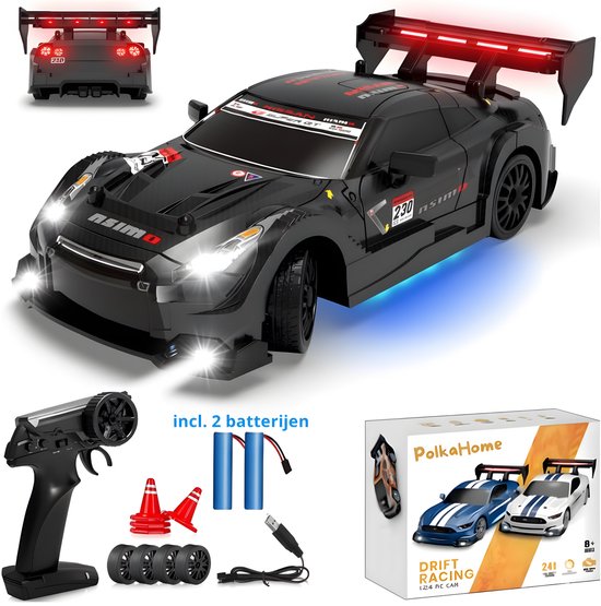 PolkaHome® Zeer snelle RC drift car - RC drift auto - RC car - RC auto drift speelgoed - Drift auto afstandsbestuurbaar 20km/uur 1:24 Afstandsbediening Driftauto, 2.4Ghz 4WD Afstandsbediening Auto met Verlichting, bestuurbare auto