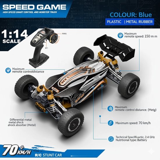 HUNTER Racing RC Auto 1:14 - 4x4 Offroad Monster Truck - 70 km/u - Brushless Motor - RTR Ready to Run - 2.4GHz - Metalen Chassis & Schokdempers - Hoge Snelheid Afstandsbediening Auto - Voor 14+