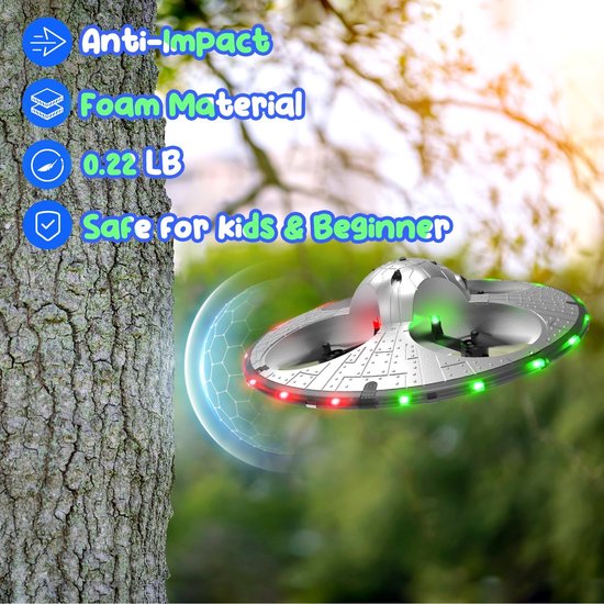 Indsutrialhome UFO-Drone voor Kinderen – RC Vliegtuig met Kleurrijke LED-Lichten, Afstandsbediende Helikopter met Auto-Hover, 2 Accu’s (15 Minuten Vliegtijd)