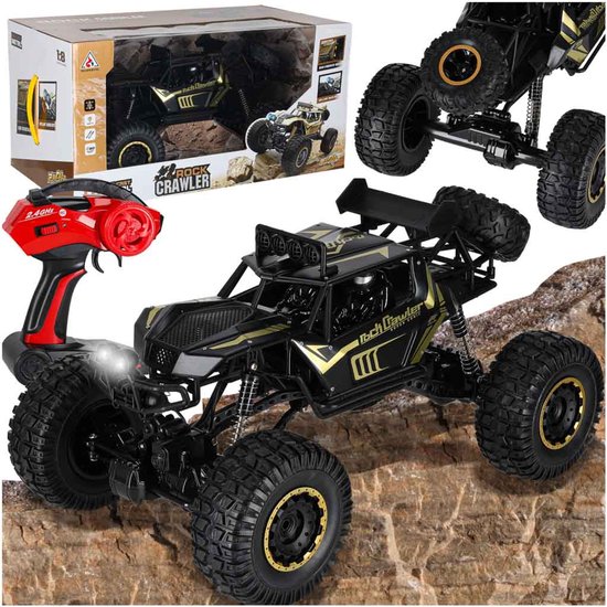 SF RC Rock Crawler 1:8 – Bestuurbare Auto - XXL Offroad Auto met 4WD, LED-Verlichting & Metalen Carrosserie – 2.4GHz Afstandsbediening – Schaal 1:8 – 51cm – Zwarte Kleur – Stoere Radiografisch Bestuurbare Auto voor Kinderen & Volwassenen + E-Book