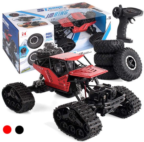 SF RC Auto Crawler Rotsklimmer – Bestuurbare Auto - 4WD Offroad 1:16, 20 km/u, 2.4GHz, Verwisselbare Rupsbanden & Wielen, Rood + E-Book