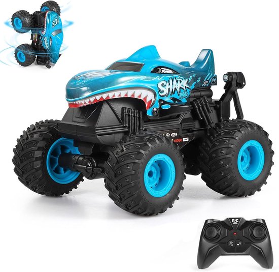 Afstandsbediening auto - 2,4 GHz All Terrain Shark Monster Truck speelgoed - RC vrachtwagen met muziek - 3 lichteffecten - 360 stunts mogelijk - Speelgoedcadeaus voor jongens en meisjes (blauw)